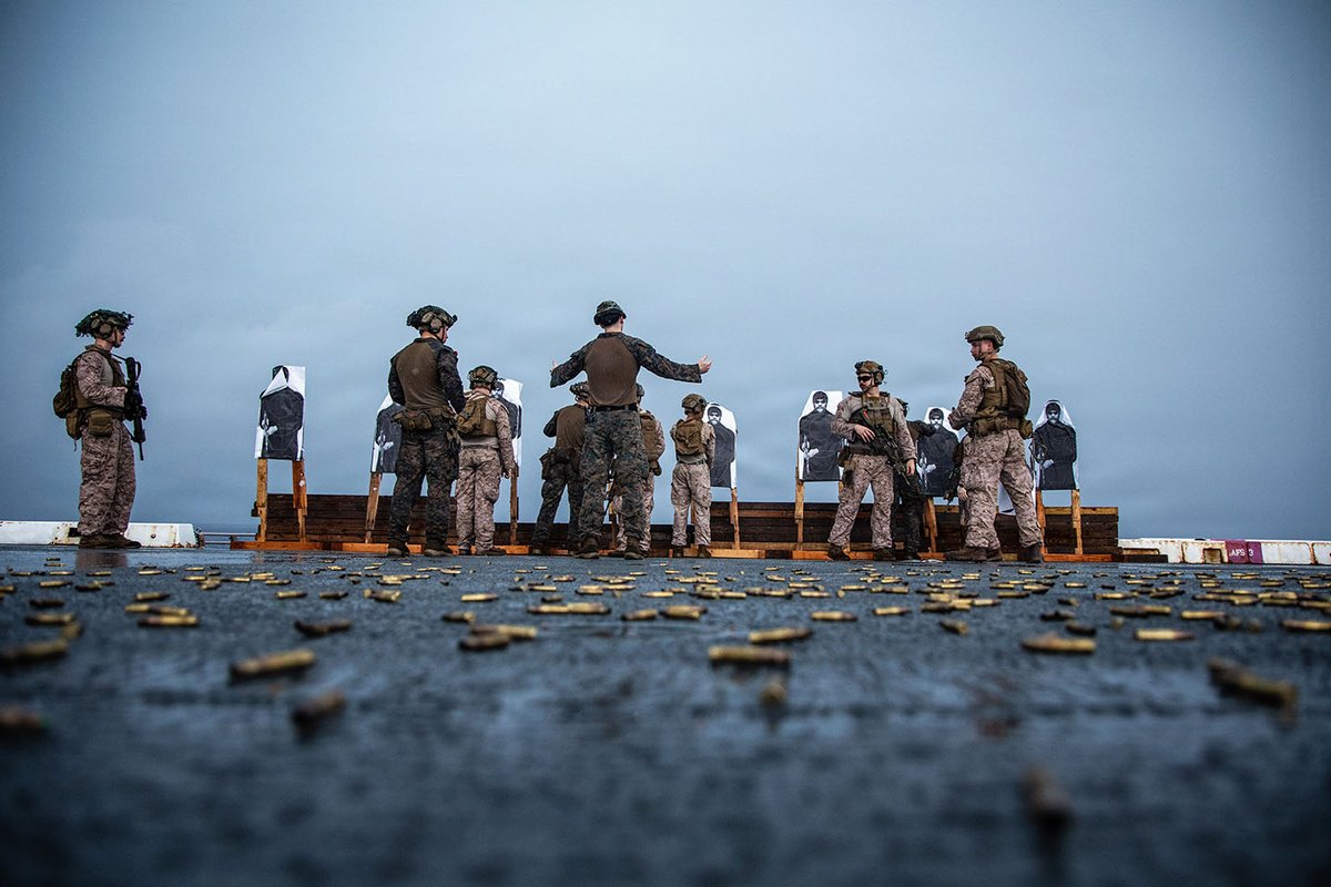 MARFORSOUTH's tweet photo. U.S. Marines with Littoral Combat Force-24 conduct a deck shoot aboard USS San Antonio in the Pacific Ocean, Sept. 20. The training reinforced weapons proficiency and readiness for assigned @Southcom missions. 

#MARFORSOUTH #LCF24 @The24MEU https://t.co/tO14ThKCMy