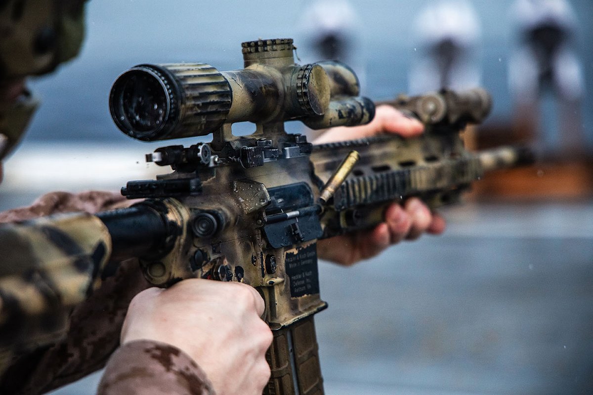 MARFORSOUTH's tweet photo. U.S. Marines with Littoral Combat Force-24 conduct a deck shoot aboard USS San Antonio in the Pacific Ocean, Sept. 20. The training reinforced weapons proficiency and readiness for assigned @Southcom missions. 

#MARFORSOUTH #LCF24 @The24MEU https://t.co/tO14ThKCMy