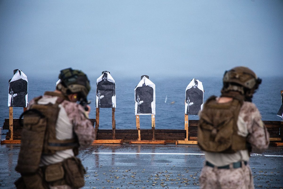 MARFORSOUTH's tweet photo. U.S. Marines with Littoral Combat Force-24 conduct a deck shoot aboard USS San Antonio in the Pacific Ocean, Sept. 20. The training reinforced weapons proficiency and readiness for assigned @Southcom missions. 

#MARFORSOUTH #LCF24 @The24MEU https://t.co/tO14ThKCMy