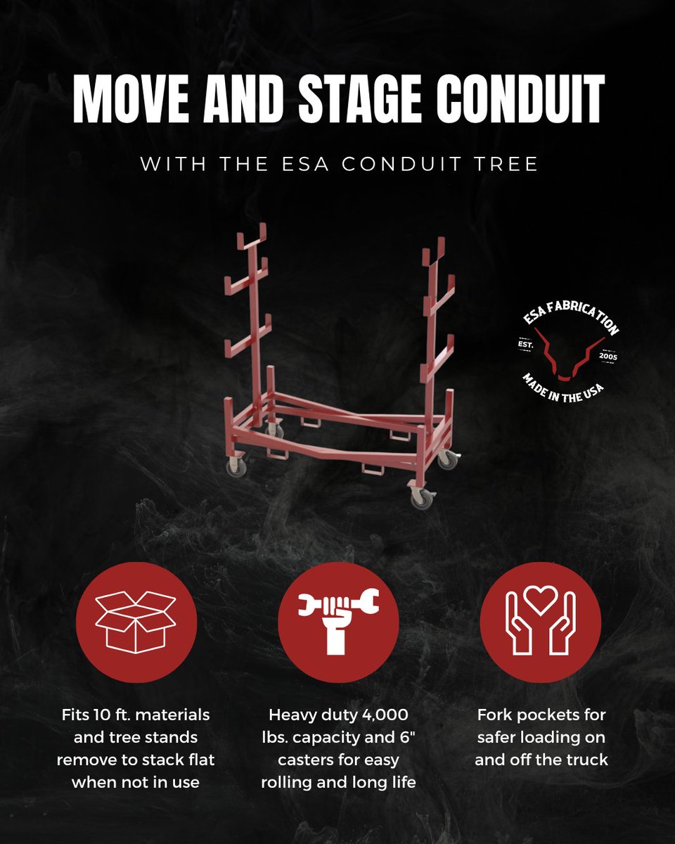ESAFabrication's tweet photo. ESA’s Conduit Tree is built for contractors who need a reliable way to move and stage conduit on the jobsite. With a robust 4,000 lbs. capacity and forklift-ready design, it makes loading, unloading, and moving heavy material easier. Learn more at https://t.co/972HYXKN4G https://t.co/fb3lSgMNXm