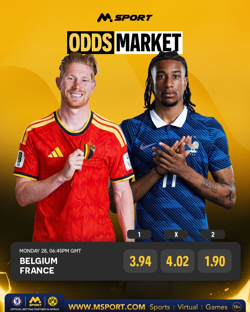 MSportGhana's tweet photo. The stage is set between Belgium vs France and the odds are big on MSport.
Lock in your pick before kickoff.
#MSport #Oddsmarket https://t.co/mKYWmdycJ5