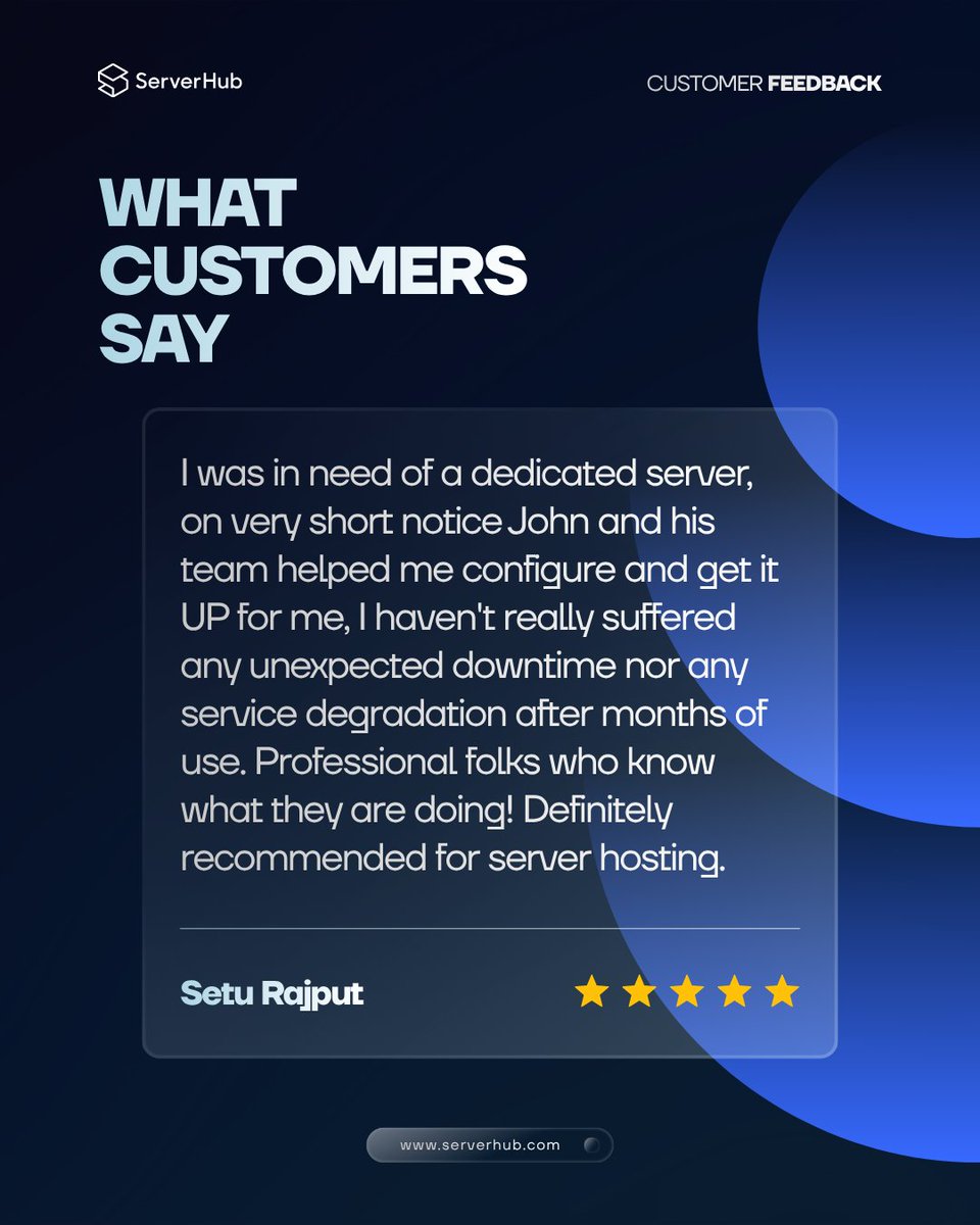 ServerHub's tweet photo. When Setu Rajput needed a dedicated server on short notice, our team delivered fast!🚀 The #ServerHub team configured it and got it up instantly with zero downtime for months after. So launch your next server at ServerHub!

#Serverhub #VPS #dedicatedservers #uptimeguarantee https://t.co/odepXQJyPm