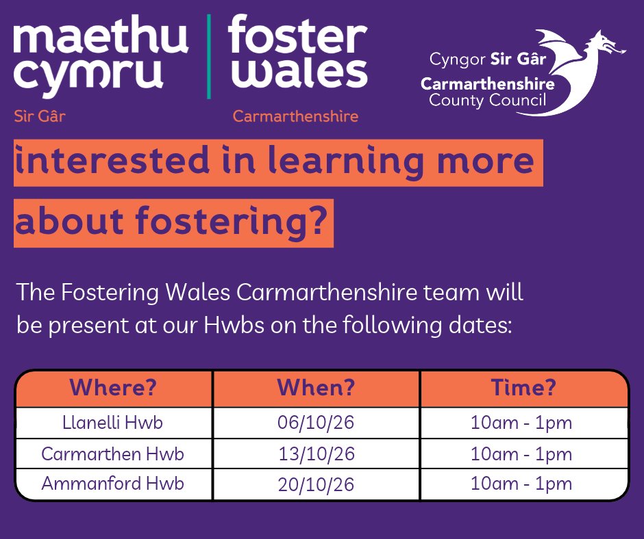 CarmsCouncil's tweet photo. Interested in learning more about fostering?

The Foster Wales Carmarthenshire team will be present at our Hwbs on the following dates ⬇️
Llanelli Hwb – Tuesday, 6 October 10-1
Carmarthen Hwb – Tuesday, 13 October 10-1
Ammanford Hwb – Tuesday, 20 October 10-1 https://t.co/NaWK4GiCTf