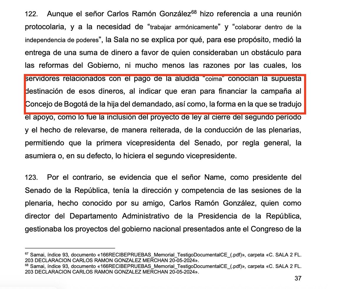Melquisedec70's tweet photo. Atentos. Dos datos poderosos del fallo del @consejodeestado contra el expresidente del Senado, Iván Name:
1. Los $3 mil millones que le pagó el gobierno Petro "eran para financiar la campaña al Concejo de Bogotá de la hija del demandado". ¿La @FiscaliaCol investigará eso?

2. Fue "Carlos Ramón González (quien) ordenó entregar una dádiva al entonces senador, por cuanto el gobierno nacional requería destrabar las reformas que había presentado ante el Congreso de la República... ordenó entregar el dinero al señor Name, a través de Sandra Ortiz, Olmedo López y Sneyder Pinilla".