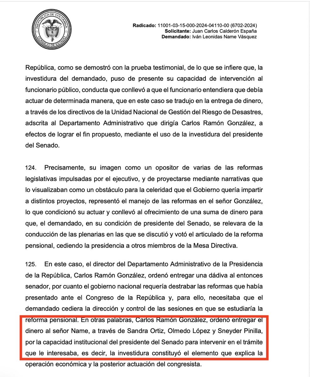 Melquisedec70's tweet photo. Atentos. Dos datos poderosos del fallo del @consejodeestado contra el expresidente del Senado, Iván Name:
1. Los $3 mil millones que le pagó el gobierno Petro "eran para financiar la campaña al Concejo de Bogotá de la hija del demandado". ¿La @FiscaliaCol investigará eso?

2. Fue "Carlos Ramón González (quien) ordenó entregar una dádiva al entonces senador, por cuanto el gobierno nacional requería destrabar las reformas que había presentado ante el Congreso de la República... ordenó entregar el dinero al señor Name, a través de Sandra Ortiz, Olmedo López y Sneyder Pinilla".
