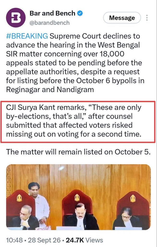 HydForum's tweet photo. ముఖ్య గమనిక: 
ప్రస్తుత వేగంతో చూస్తే, ఓటు హక్కును కోల్పోయిన 
పశ్చిమ బెంగాల్ పౌరుల అప్పీళ్లను విచారించడానికి 
12 ఏళ్లకు పైగా సమయం పడుతుంది. 

సుప్రీంకోర్టు మరియు భారత ప్రధాన న్యాయమూర్తి కోరుకుంటున్నది ఇదేనా? 

గమనిక: 
ఇప్పటివరకు విచారించిన కేసులలో 93% నిజమైన పౌరులకు సంబంధించినవేనని తేలింది. 
ఎన్నికల సంఘం చేపట్టిన పేర్ల తొలగింపుల 
విషయంలో అత్యున్నత న్యాయస్థానం 
స్పందించకపోతే, ఇంకెవరు స్పందిస్తారు? 

ప్రజలారా, మేల్కొనండి. 
మోడీ  మరియు బీజేపీ కలిసి మీ హక్కులను హరిస్తోంది.