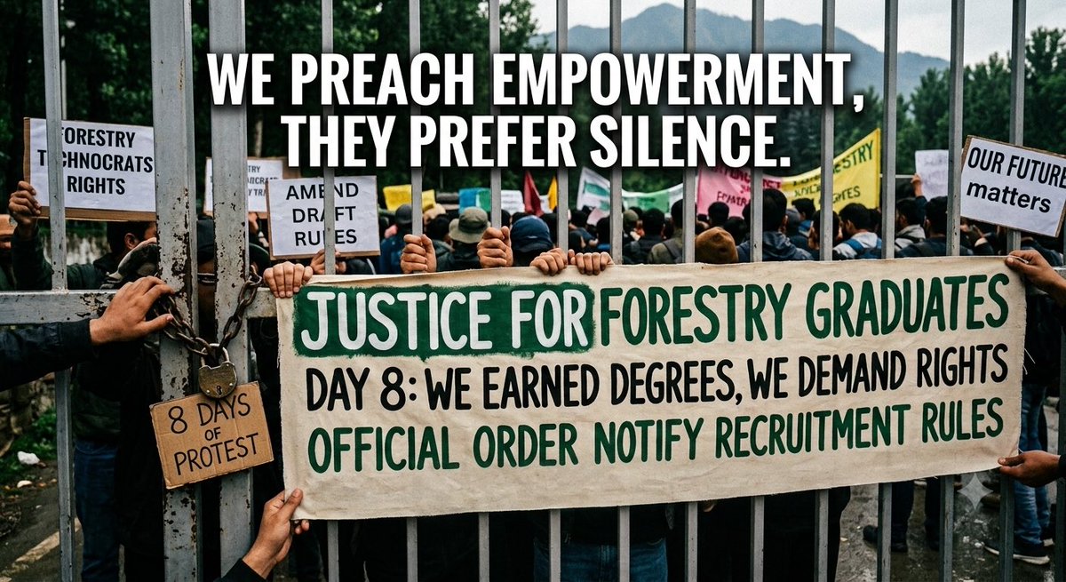 MirFarheen__'s tweet photo. You speak of supporting educated youth, yet on Day 8 we sit waiting for basic recognition. Don’t let our degrees go to waste. Turn promises into policy and amend the rules.
@OmarAbdullah @JavedRanaa @RuhullahMehdi @jk_forests @diprjk @OfficeOfLGJandK #JusticeForForestryGraduates https://t.co/JF1A4CeZQU