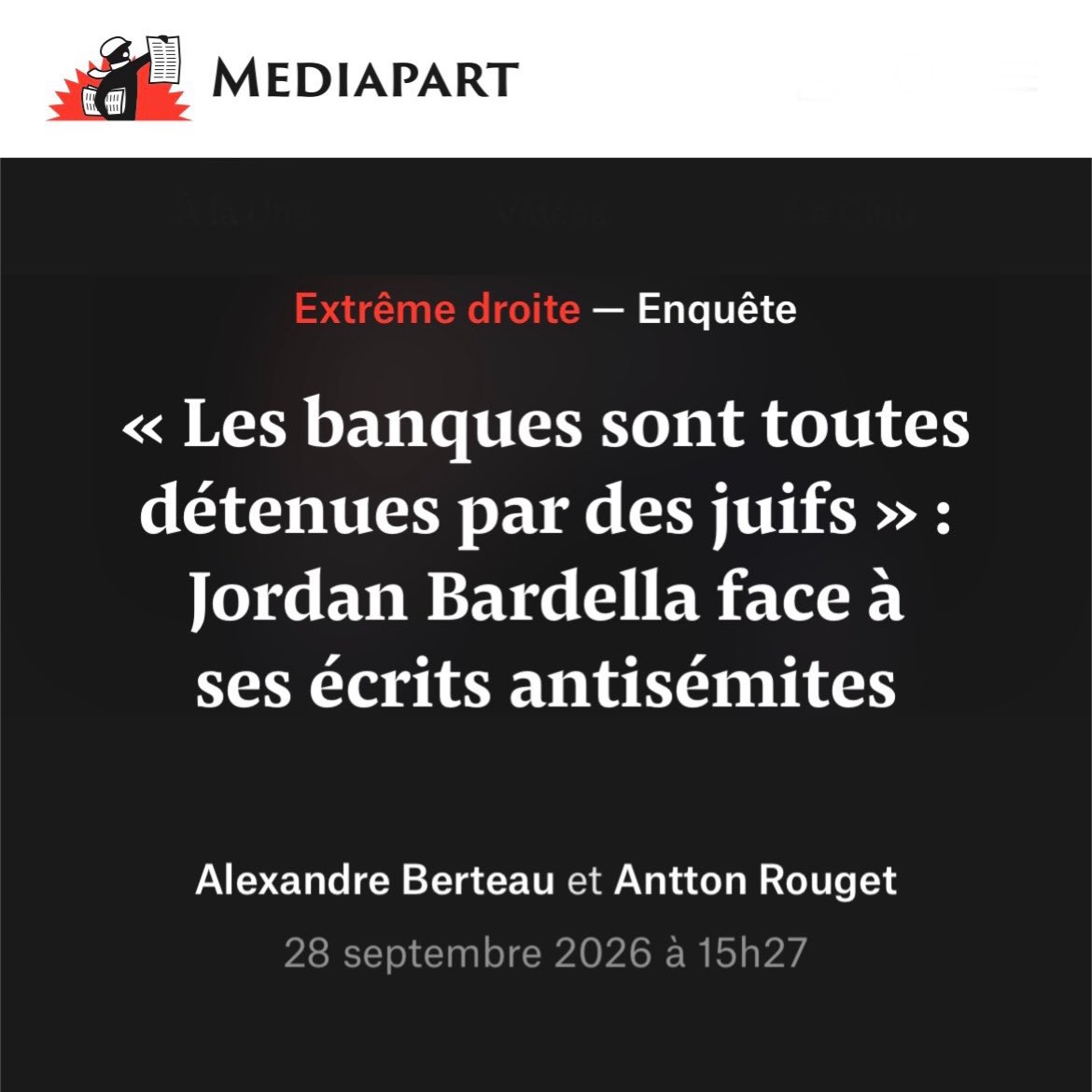 ManonAubryFr's tweet photo. "Les banques sont toutes détenues par des juifs", "Le juif doit dominer les autres peuples, les écraser, les voler"

Ces propos antisémites ont été tenus par Bardella, qui pourrait être 1er ministre si Le Pen l'emportait.

Au RN, l'antisémitisme s'écrit au présent. Ils n'ont pas changé.