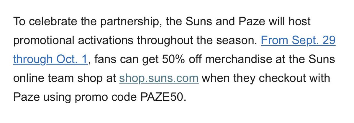 YoungNBA's tweet photo. Fun news for Suns fans: To celebrate the new official jersey patch, you can get 50% off merchandise at the online team shop this Tuesday through Thursday, using the promo code PAZE50 at checkout https://t.co/Buyh71Pbp0