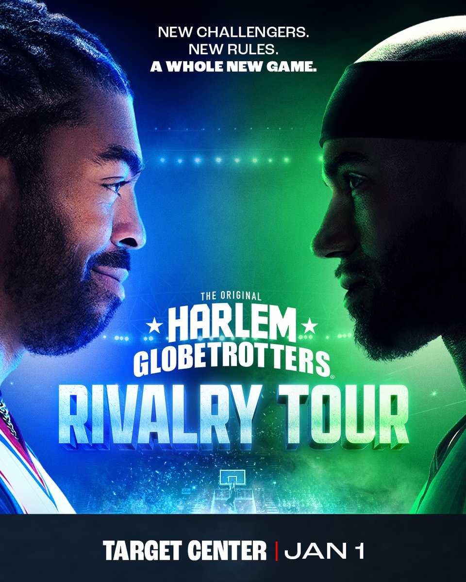 TargetCenterMN's tweet photo. THE RIVALRY IS COMING TO MINNEAPOLIS. 🏀

The Harlem Globetrotters bring their all-new Rivalry Tour to Target Center on Friday, January 1! Get ready for jaw-dropping moves, nonstop action and a whole new Globetrotters experience.

🎫 Tickets on sale October 2! https://t.co/ycEWNFb40j