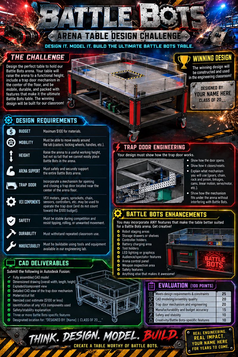 CMill_STEMguy's tweet photo. @AppSTEMCollab @OSLN @PLTWorg My CAD class was given the task to design a table with a trap door for our BattleBots team. Given a real budget and to design an “awesome” table for our bot arena. Winning design will be built and have their name and graduation year displayed. https://t.co/n2wQG1RjgI
