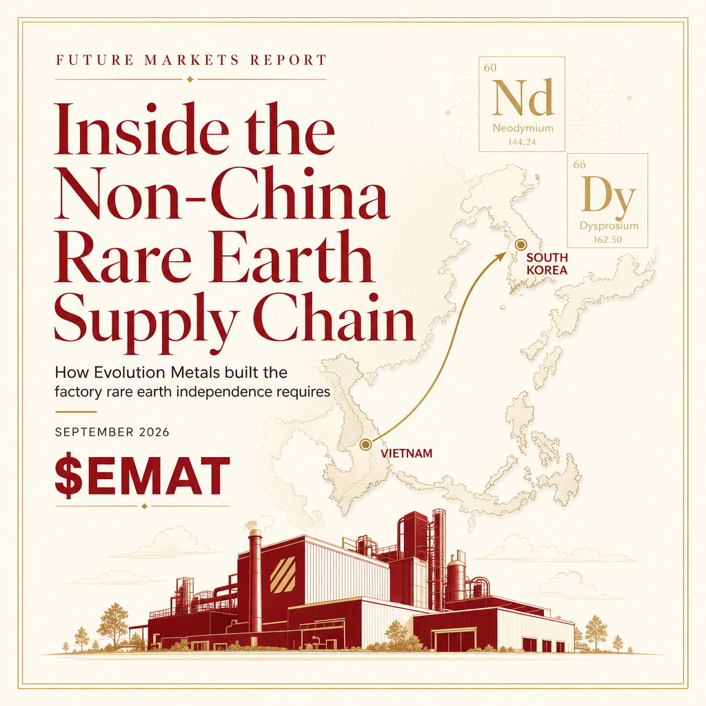 FutureMarketsRT's tweet photo. $EMAT solved the problem no mining company can solve: it built the factory first.

📦 5 MT non-China NdPr delivered from SRE Vietnam, July 22, 2026
🏭 13 ULVAC sintered magnet machines on binding purchase orders, November 2026 delivery
📋 Six NdFeB grades certified by two Tier-1 global OEMs, including heavy rare earth compositions
⚡ 750 MW power expansion agreed with Korea Electric Power Corporation at Pohang
📈 FY2027 revenue guidance: $400-$460 million

https://t.co/5DqYgFrdNu

The global rare earth magnet supply chain has a structural problem that mining announcements alone do not solve. Extracting rare earth ore is only the first step in a long, technically demanding chain. The material must be separated into individual elements, refined into high-purity metals, converted into alloys, pressed into dense powder compacts, and sintered into finished magnets with precise magnetic properties and tolerances that industrial customers require. Each stage needs specialized equipment, technical expertise, and years of commercial-scale operating history. Evolution Metals operates at the downstream end of this chain, at commercial scale, with 18 years of sintered magnet production experience.

The arc of news from May through September 2026 shows a company systematically closing the gaps between its current production base and the scale the January 1, 2027 DFARS deadline creates demand for. The May ULVAC equipment agreement established the hardware pathway to 10,000 MT annual capacity. The June Tier-1 OEM certifications across six magnet grades validated the product commercially, including the heavy rare earth-containing super-high-temperature grades most sensitive to Chinese export controls. The July NdPr delivery from SRE Vietnam made the non-China feedstock route physical rather than theoretical. The September revenue guidance of $400-$460 million put a financial frame around the resulting capacity. The power expansion agreement with Korea Electric Power Corporation and the adjacent land from the Pohang City Government add the physical infrastructure layer needed to hold the November installation on schedule.

The open question on the heavy rare earth side matters precisely because EMAT has already proved this playbook works for NdPr. Dysprosium and terbium enhance heat resistance in high-performance magnets for demanding motor applications, and China dominates production of both. A September 8 Fastmarkets analysis cited the CEO of Rare Earths Americas noting that heavy rare earth production outside China was falling short of the magnet capacity being built globally, with 20,000 to 30,000 tonnes of non-China magnet capacity coming online and further growth through 2030-2035 requiring stable non-China heavy rare earth supply. If emerging projects in Brazil or the United States can eventually deliver compliant heavy rare earth material, Evolution Metals' established Pohang manufacturing and qualification infrastructure is the most accessible downstream anchor for those supply chains.

The company joined the Russell 3000 and Russell 2000 indexes effective September 21, 2026, bringing exposure to approximately $12.2 trillion in assets benchmarked against those indexes. That institutional visibility arrives precisely as the DFARS clock runs out for defense prime contractors who have not yet secured compliant rare earth magnet supply.

https://t.co/5DqYgFrdNu

_
Disclosure: This content is not financial or investment advice. Evolution Metals & Technologies Corp. is a paid subscriber to Wall Street Wire's coverage and distribution platform. Full disclosure: https://t.co/XfvLkFMKXu