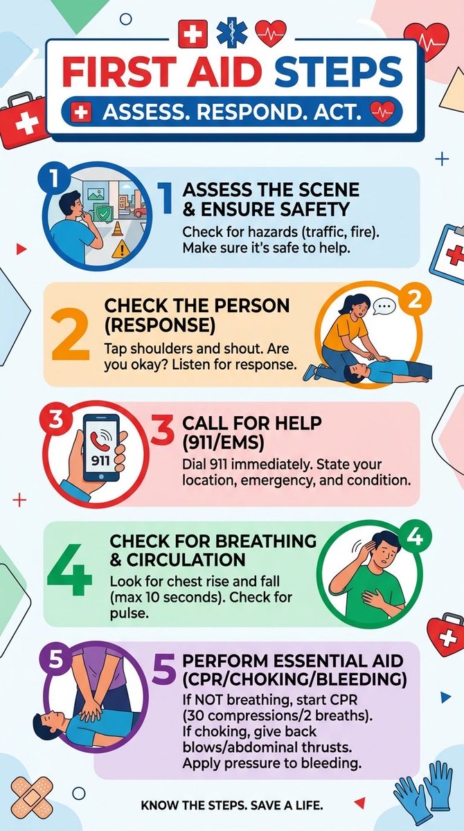 GrimoAgencies's tweet photo. Do you know what to do in a medical emergency? A clear plan is essential. Here are 5 critical steps to remember: https://t.co/B3G357x9GF