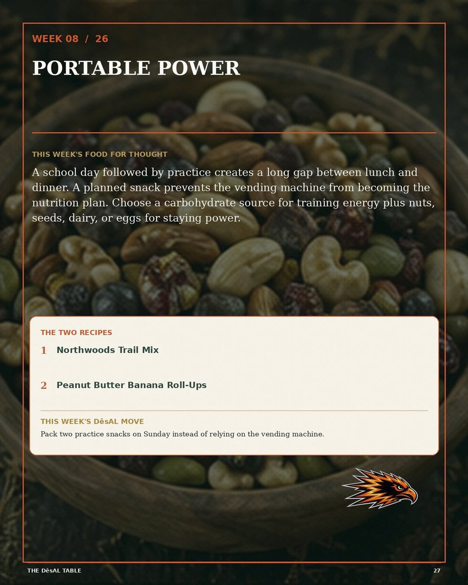 CoachSpahn's tweet photo. A planned snack pairs carbohydrate for training energy with nuts, seeds, dairy, or eggs for staying power. Preparation turns a long day into a fueled one. https://t.co/3JzHi5pQxT
