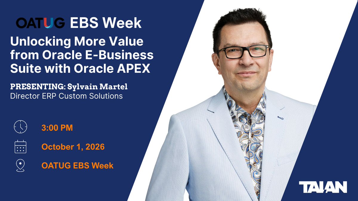 TalanOracleTech's tweet photo. OATUG EBS Week starts today!

Don’t miss our own Sylvain Martel on Thursday, Oct. 1 at 3 p.m. ET for Unlocking More Value from Oracle E-Business Suite with Oracle APEX.

Register: https://t.co/rJfKShxTO5 

#OracleEBS #orclapex #OATUG https://t.co/UAKXhvoZ7I