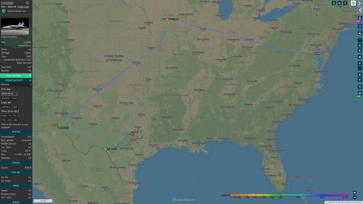 TheIntelFrog's tweet photo. Yesterday, US Air Force C-130 using hex #AE61FD and medevac call sign E65880 departed Andrews and made stops in Des Moines, Fort Bliss, Laughlin AFB, Fort Hood and Joint Base San Antonio. 

3/ https://t.co/M8GPPHH51P