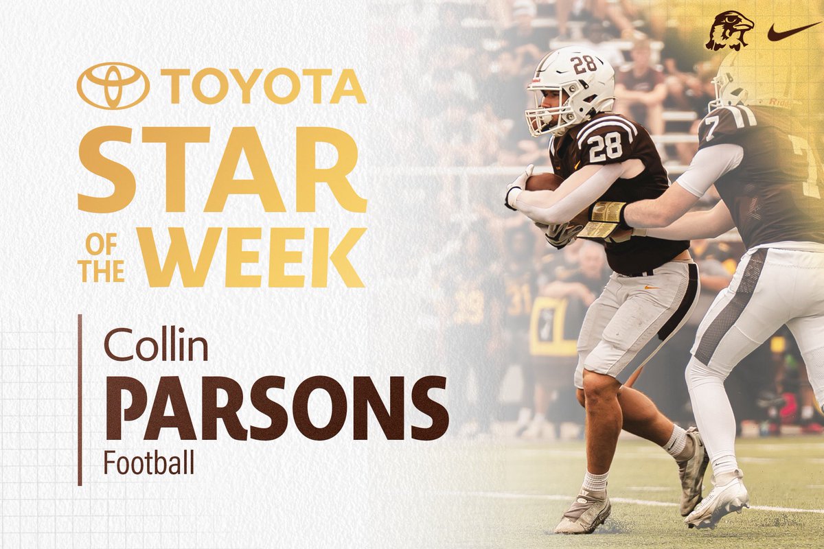 QUHawks's tweet photo. ⭐️ TOYOTA STAR OF THE WEEK ⭐️

After a career day on the ground, Collin Parsons is your Toyota Star of the Week! 🏈🔥

Parsons rushed for 158 yards and a career-high three touchdowns in the Hawks’ 56-35 win over Wayne State!

#HawksSoarHigher https://t.co/Hj38MRaRzu