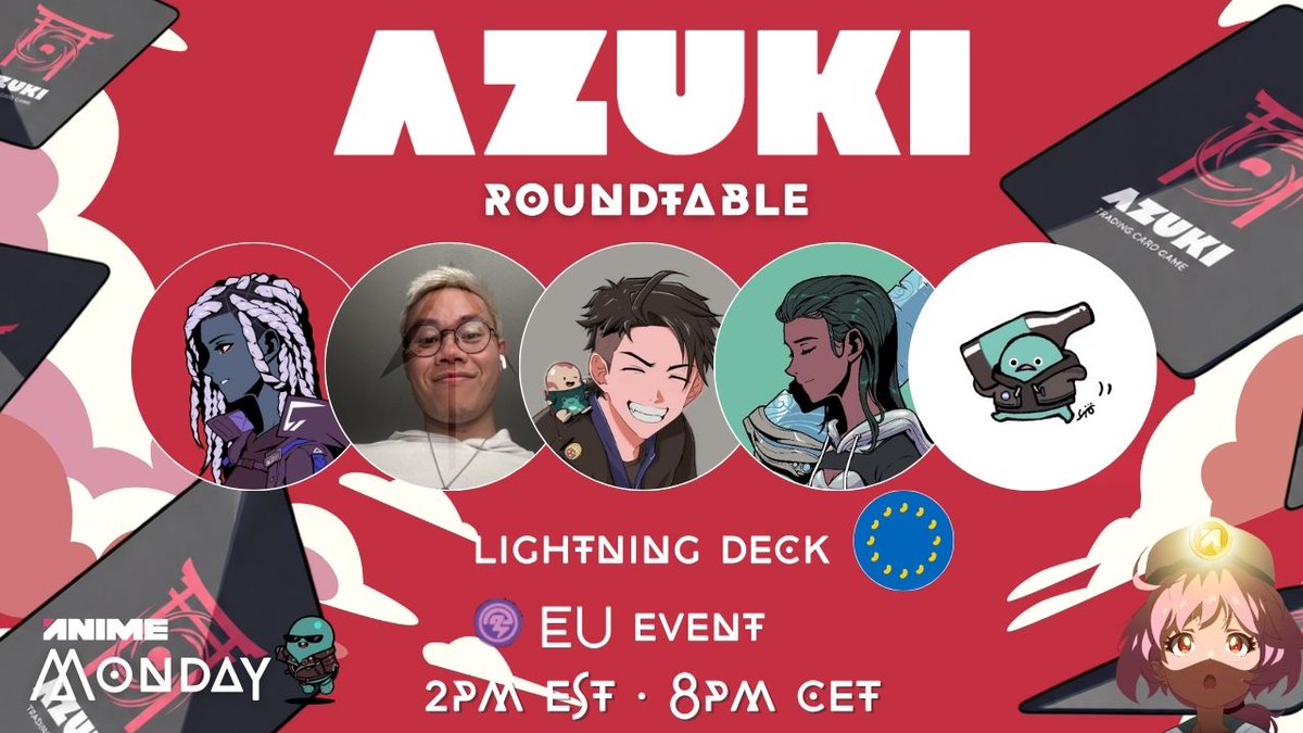 IRA_therabbit's tweet photo. Anime Monday, everyone🍜

At 2 PM EST, we’re gathering with the Azuki community tobuild a deck w/ @Ascend42 

If you’re tired of losing, maybe it’s not you
Maybe… it’s your deck👀

Then, at 3 PM EST, we’re joined by the crew behind the EU Azuki @Azuki_EU  event to hear how they pulled it off - w/ JELLE @0xOmniblade and @ExlaStudio

also will discuss recent hack..

And maybe - maybe 👀 - @0x_aquaa will join us to sing a couple of songs!

So yeah
Anime Monday has a slightly unusual program today

See you there