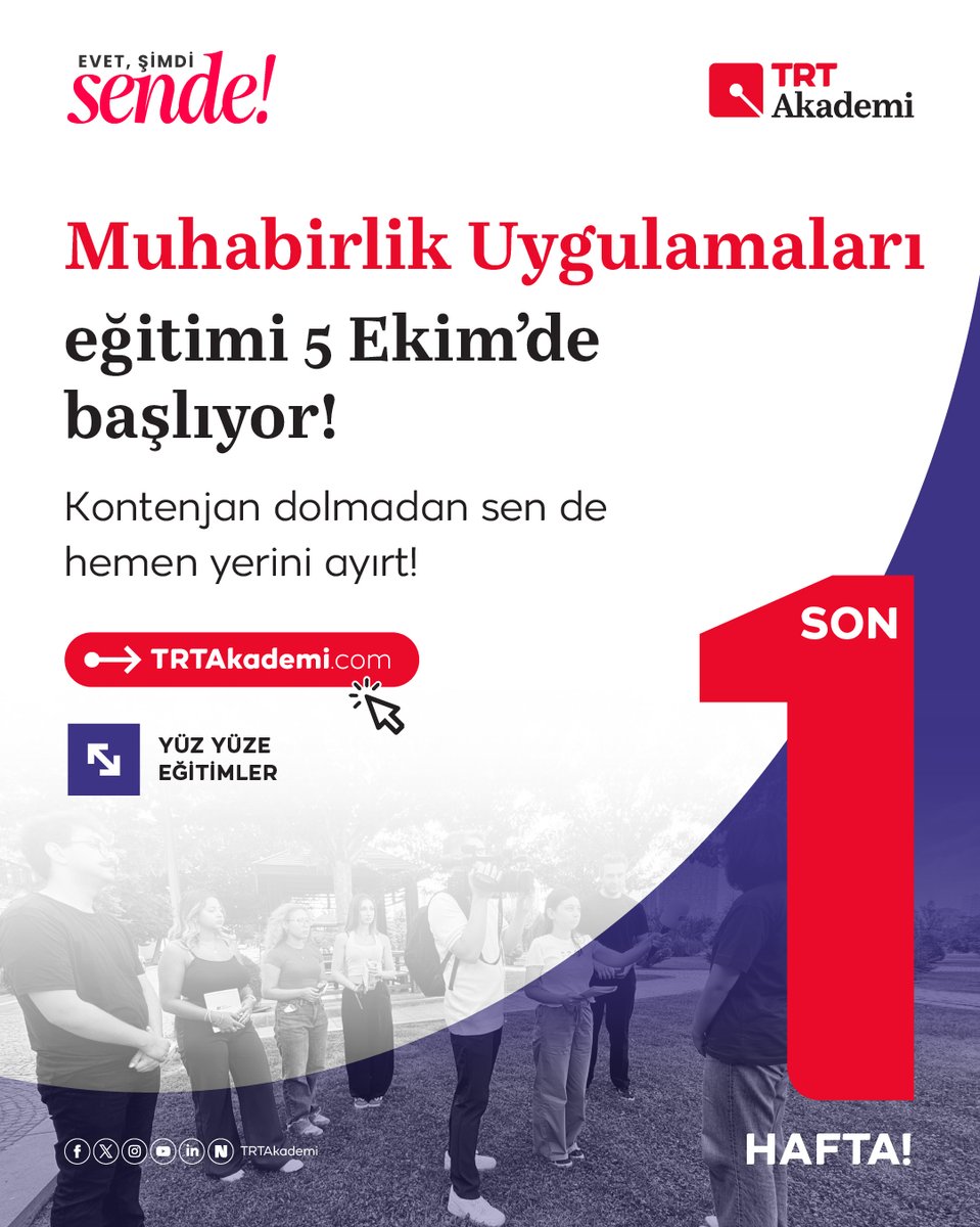trtakademi's tweet photo. 5 Ekim’de “Muhabirlik Uygulamaları” eğitiminde buluşuyoruz! 📣📣

Sen de haberciliğin mutfağında yerini almak için https://t.co/GkCqTIyLRW’u ziyaret et, eğitim başvurunu şimdi
tamamla! https://t.co/3GMkUvCzNg