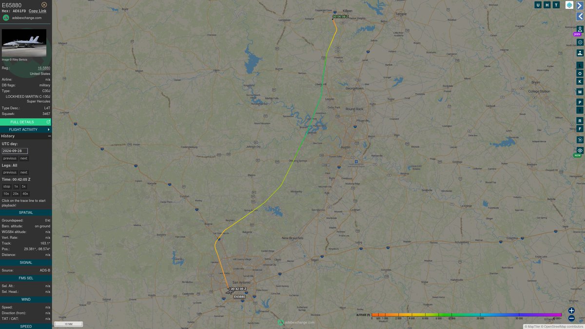 TheIntelFrog's tweet photo. Yesterday, US Air Force C-130 using hex #AE61FD and medevac call sign E65880 departed Andrews and made stops in Des Moines, Fort Bliss, Laughlin AFB, Fort Hood and Joint Base San Antonio. 

3/ https://t.co/M8GPPHH51P