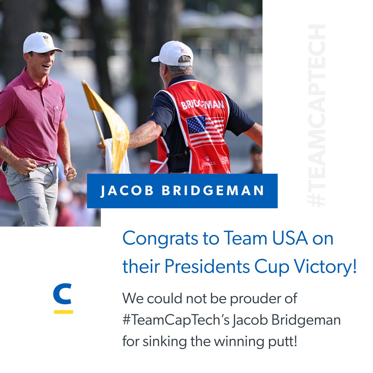 CapTech_Tweets's tweet photo. @JacobBridgeman1 clinched the winning putt for Team USA at the @PresidentsCup this weekend! 🇺🇸  

We’re proud to support Jacob as a member of #TeamCapTech and even prouder knowing his journey started with @FirstTee, an organization we’re honored to support as a National Trustee. https://t.co/7rIisnuIaT