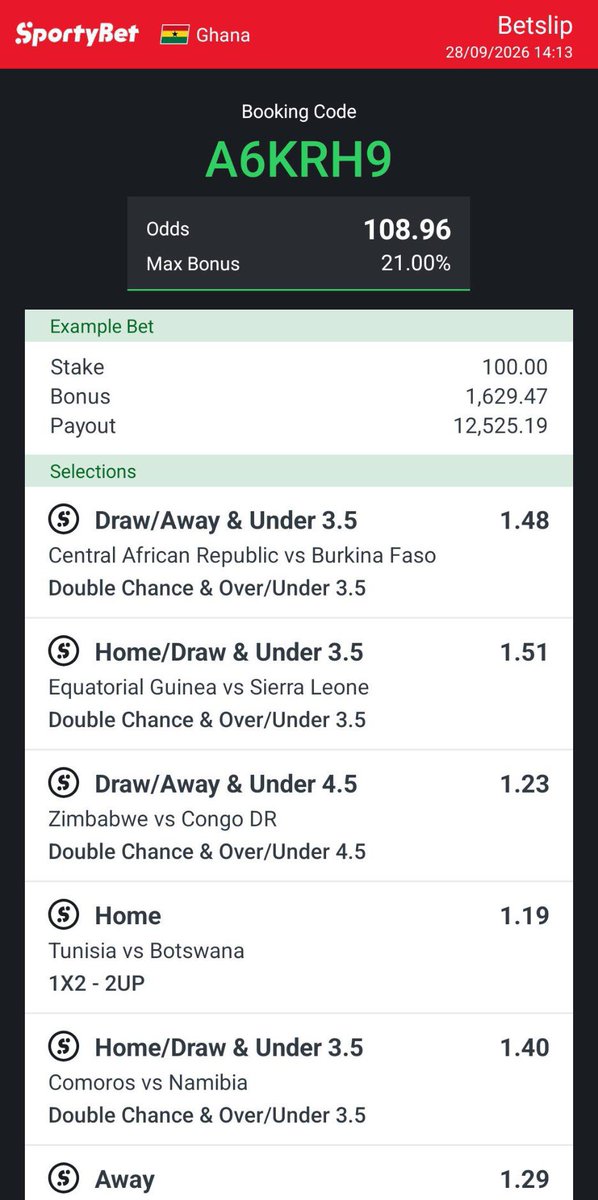albert_baf48587's tweet photo. 108.96 ODDS BANKER 🚀 HERE WE GO!

Booking Code: A6KRH9
Stake: 100 GHS → Payout: 12,525 GHS 💰

Strategy: Double Chance & Under Goals
Low-risk qualifiers logic - avoid overs, secure the draw.

As @FabrizioRomano will say: LOCKED IN! 🔒

Full 15 games breakdown on Telegram 👇
https://t.co/XiXzca2g6P

#HereWeGo             #FabrizioRomano #AlbertoWins #SportyBet #A6KRH9 #BettingTwitter #TelegramTips #AFCON #GhanaBetting #108Odds #Accumulator #FOLLOWWHOKNOWROAD