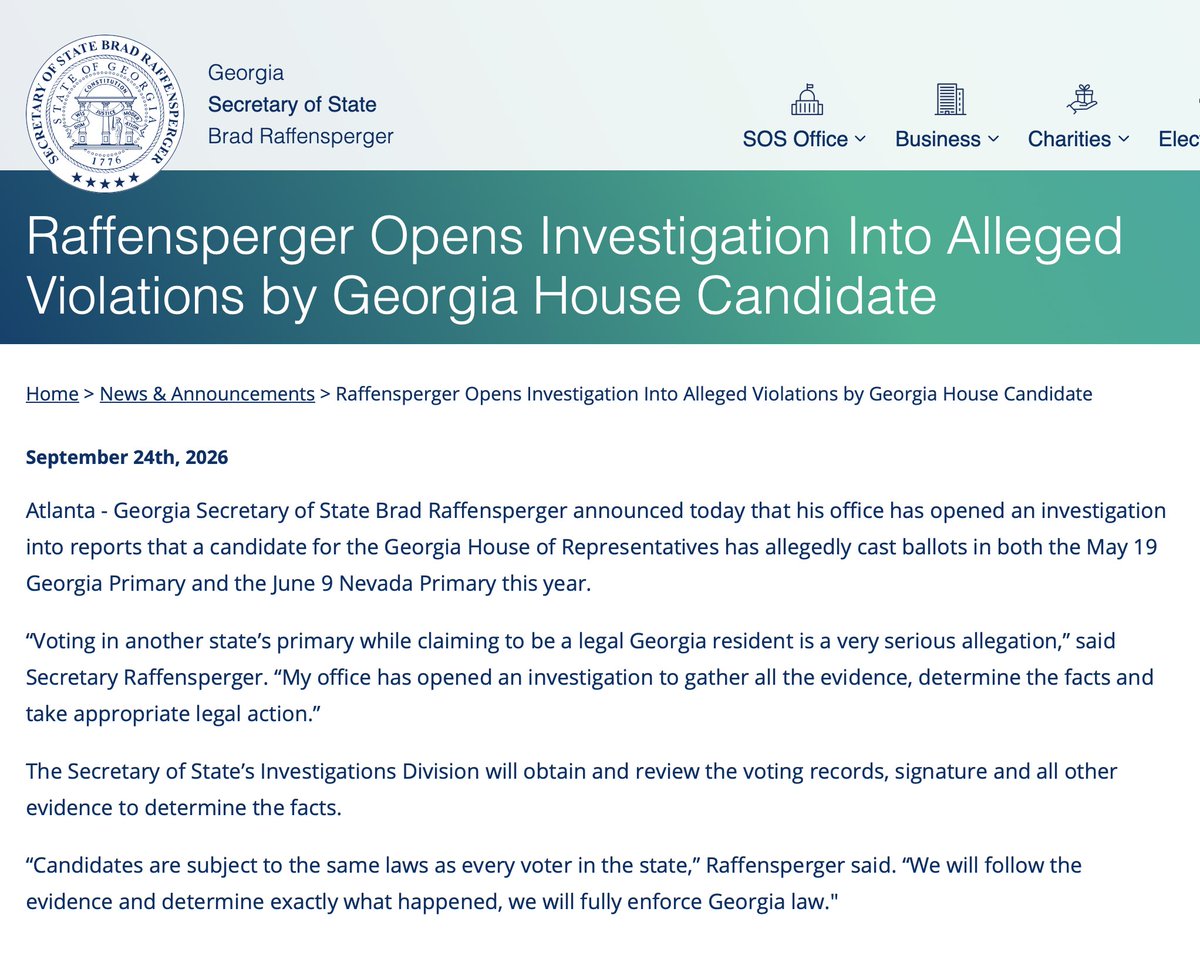 HollyKesler's tweet photo. 🚨MAJOR ANNOUNCEMENT — FORMAL ELECTION COMPLAINT DROPPED🚨

THIS MORNING, September 28, 2026, I submitted a formal Immediate/Expedited Request for Investigation to the Georgia State Election Board concerning David James Dillie, the Democratic nominee for Georgia House District 161 in the November 3 general election. Official qualifying records identify Dillie as the Democratic candidate for HD-161. 

ICYMI, on September 24, Georgia Secretary of State Brad Raffensperger publicly announced that his office had opened an investigation into reports that a Georgia House candidate allegedly cast ballots in both Georgia’s May 19 primary and Nevada’s June 9 primary. The Secretary of State says investigators will obtain voting records, signatures, and other evidence to determine what happened. 

My 27-page complaint and supporting exhibits lay out the records that prompted the request for investigation. The Georgia records included in the complaint show Dillie participated in the Democratic May 19 primary by early in-person voting on April 27 and the Democratic June 16 primary runoff on Election Day. 

The Nevada material included in the complaint reflects a June 9, 2026 vote-by-mail entry associated with a Nevada registration bearing the same name and birth date. 

In an AJC article, Dillie has denied casting that Nevada ballot and admitted the Nevada address was his former residence, which is precisely why this needs an official investigation—The complaint specifically requests investigation of a potential violation of O.C.G.A. § 21-2-572.

🚨THE INTEGRITY OF OUR ELECTIONS MATTER AND NO ONE IS ABOVE THE LAW.
David Dillie isn’t merely a voter whose records raise questions. He is currently asking Georgia voters to elect him to the Georgia House of Representatives. My filing therefore requests expedited review because he is a candidate in the 2026 general election for House District 161. 

The complaint and supporting documentation will also be provided to the appropriate Clark County, Nevada election authorities and the U.S. Department of Justice Civil Rights Division for whatever review they determine appropriate. 

The records deserve answers and the voters of House District 161 deserve the facts!!