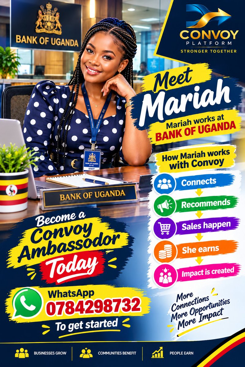 Katambulajulie3's tweet photo. Meet Mariah! 💙💛
She works at Bank of Uganda and is showing how you can turn your everyday connections into opportunities with Convoy. 🤝🏽📱
Connect. Recommend. Sales happen. Earn. Create impact. 🚀✨
You don’t need to quit your job or stop what you’re already https://t.co/RICKJFOMmd