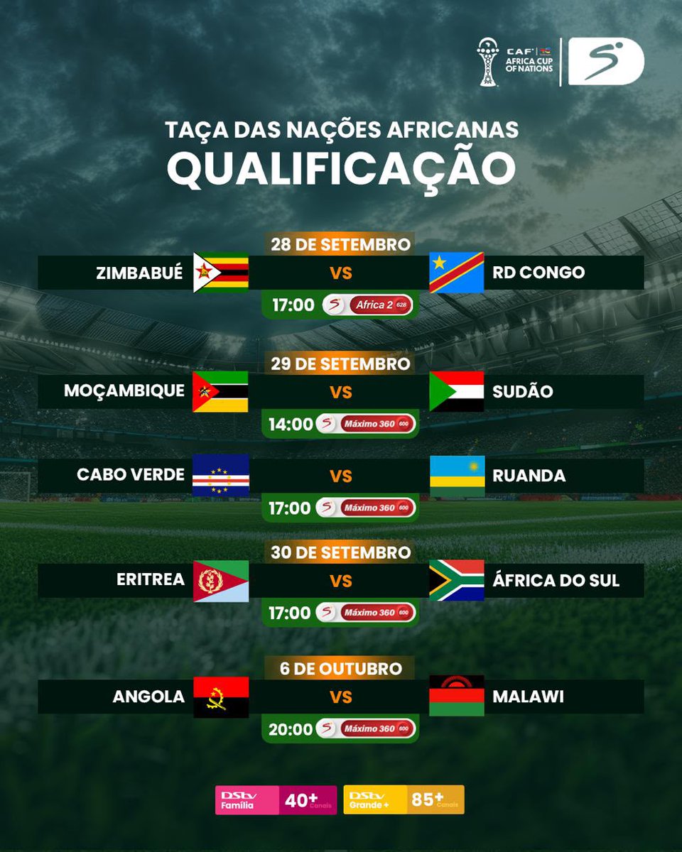 DStv_Angola's tweet photo. 🏆 Qualificação CAN 2027: o futebol africano está de volta!⚽
A caminhada rumo ao Campeonato Africano das Nações já começou e os próximos jogos prometem grandes duelos entre as selecções.
Consulta o calendário na imagem e fica a par dos próximos jogos, horários e canais.
#DStv https://t.co/dxhlBjQK7y