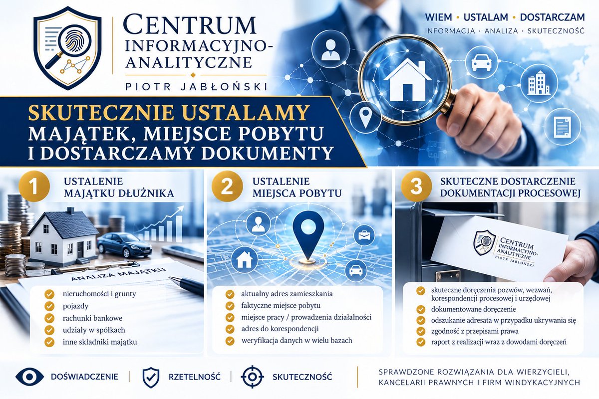 PiotrCIA's tweet photo. Wierzytelność trudna sprawa, bo liczy się skuteczność jej wykonania. Od lat pomagamy wierzycielom i firmom ustalać majątek dłużników, ich faktyczne miejsce pobytu oraz skutecznie doręczamy niezbędną dokumentację. Doświadczenie i skuteczność - więcej na https://t.co/bliGpG76U9 https://t.co/LRmNqJ6O7b