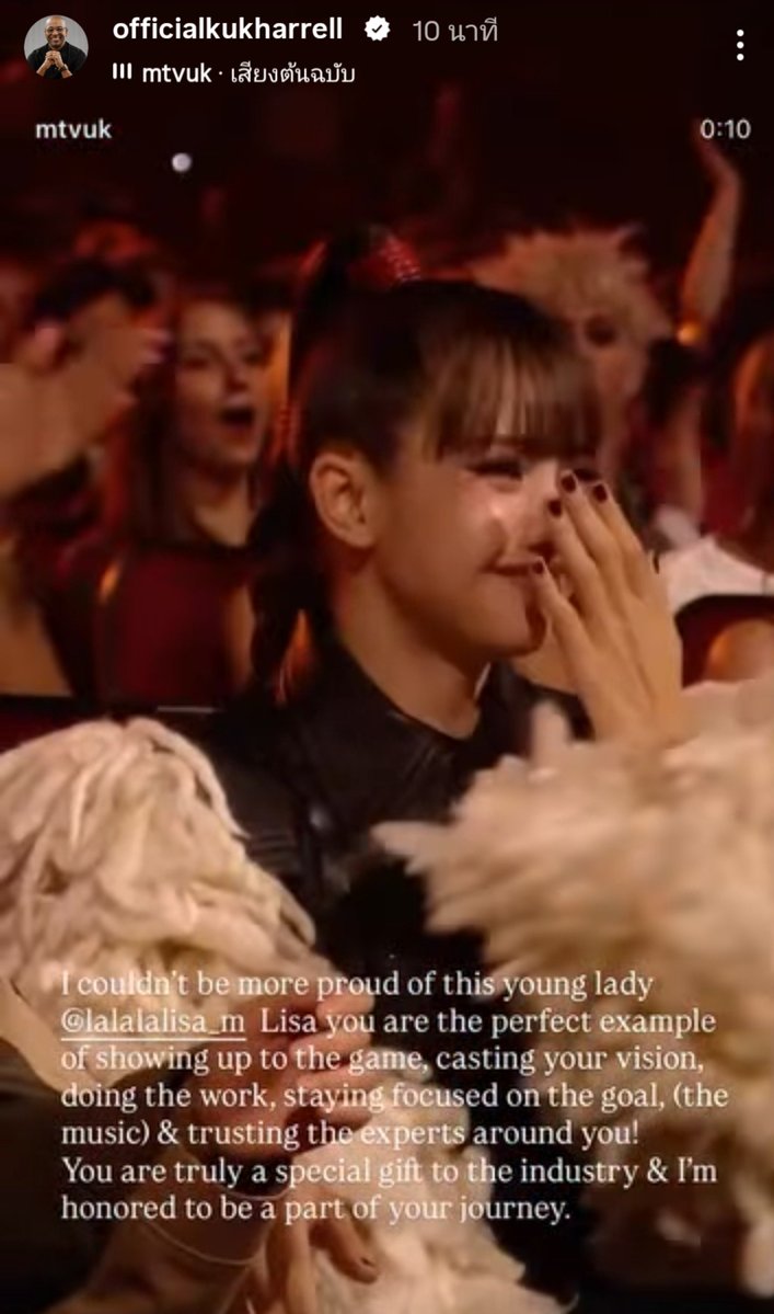 babylalisalloud's tweet photo. Kuk Harrell - Grammy Award Winning, Songwriter and Vocal Producer updated IG story

I couldn't be more proud of this young lady lalalalisa_m Lisa you are the perfect example of showing up to the game, casting your vision, doing the work, staying focused on the goal, (the music) & trusting the experts around you!
You are truly a special gift to the industry & I'm honored to be a part of your journey

SAWADIKA LISA ON VMAS
#LISA #LISAisBACK_VMAs #VMAs