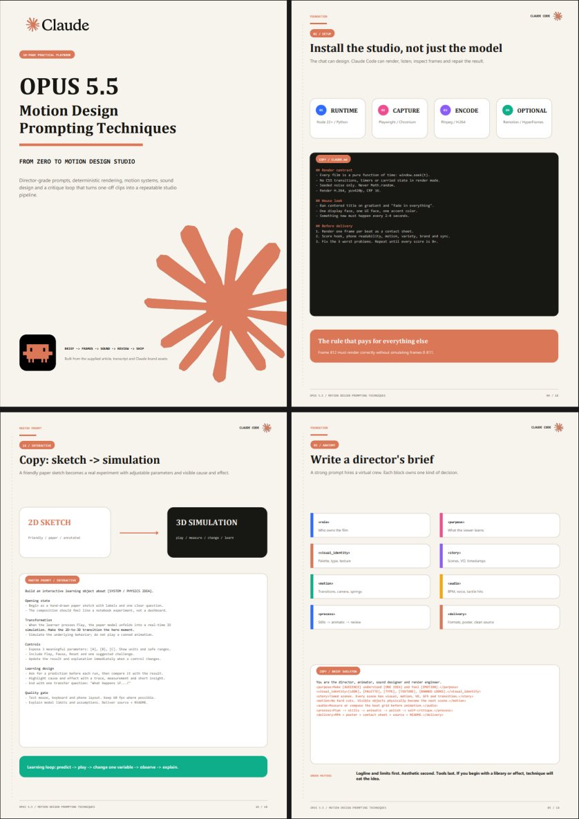 0xMovez's tweet photo. Opus 5.5 is insane for motion design...

this 18-page pdf blueprint on prompting Opus 5.5 will turn Claude from photo generator to AAA motion design studio

here is 10 key tips:

step 1 → the prompt is 10%. the harness is 90%. write a render contract in CLAUDE.md before touching any prompt

step 2 → write a director's brief in XML blocks: role, purpose, visual_identity, story, motion, audio. Claude reads a program, not a wish

step 3 → a reference beats ten adjectives. extract frames every 0.5s, write style_guide.md and shotlist.md. take the grammar, never the content

step 4 → give every beat a job. 7-beat timeline: Hook → World → Question → Mechanism → Discovery → Payoff → Loop. dead beats kill retention

step 5 → lock the world before it moves. character bible first: proportion, palette, expressions, motion grammar. identity before animation

step 6 → window seek(t) renders any frame from just t. no state between frames. render frame 300 twice, hashes match. deterministic output

step 7 → replace every easing curve with springs. Snappy for buttons, Default for cards, Playful for mascots. if it looks like PowerPoint the spring is wrong

step 8 → design sound before animation. beat grid is structural. clicks on peaks, reveals on downbeats. one clock syncs everything

step 9 → don't use one prompt for every job. run specialist passes: style extractor → shotlist architect → motion director → sound designer → harsh critic

step 10 → make Claude score its own frames 1-10. nothing ships below 8. repeat until 8+ three times in a row

Send this PDF to Claude, then read the full guide with demos in the article below.