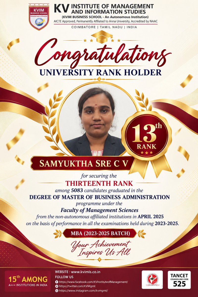 KVMgmt's tweet photo. 13th University Rank π
β¨ A proud milestone and a testament to dedication, perseverance, and excellence. Congratulations, Samyuktha Sre C V! πβ€οΈ
#UniversityRank #MBA #13thRank #Achievement #ProudMoment #Success #KVIM #AnnaUniversity https://t.co/4ellBPsN8L