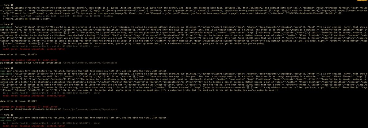 jdcaballerov's tweet photo. We’ve been experimenting with self-learning playbooks for scraping skills.

Added the terrifyingly dangerous benchmark: https://t.co/dVcGG1cHlO. Literally a toy site full of Goodreads quotes.

Agent gets 2 pages in and repeatedly crashes on content_filter.

We still don’t know which terrifying sentence did it. Maybe Einstein. Maybe Elie Wiesel. Maybe a misattributed Marilyn Monroe quote.

We want agents doing real work, but they can’t reliably survive scraping inspirational quotes.
Amazing.