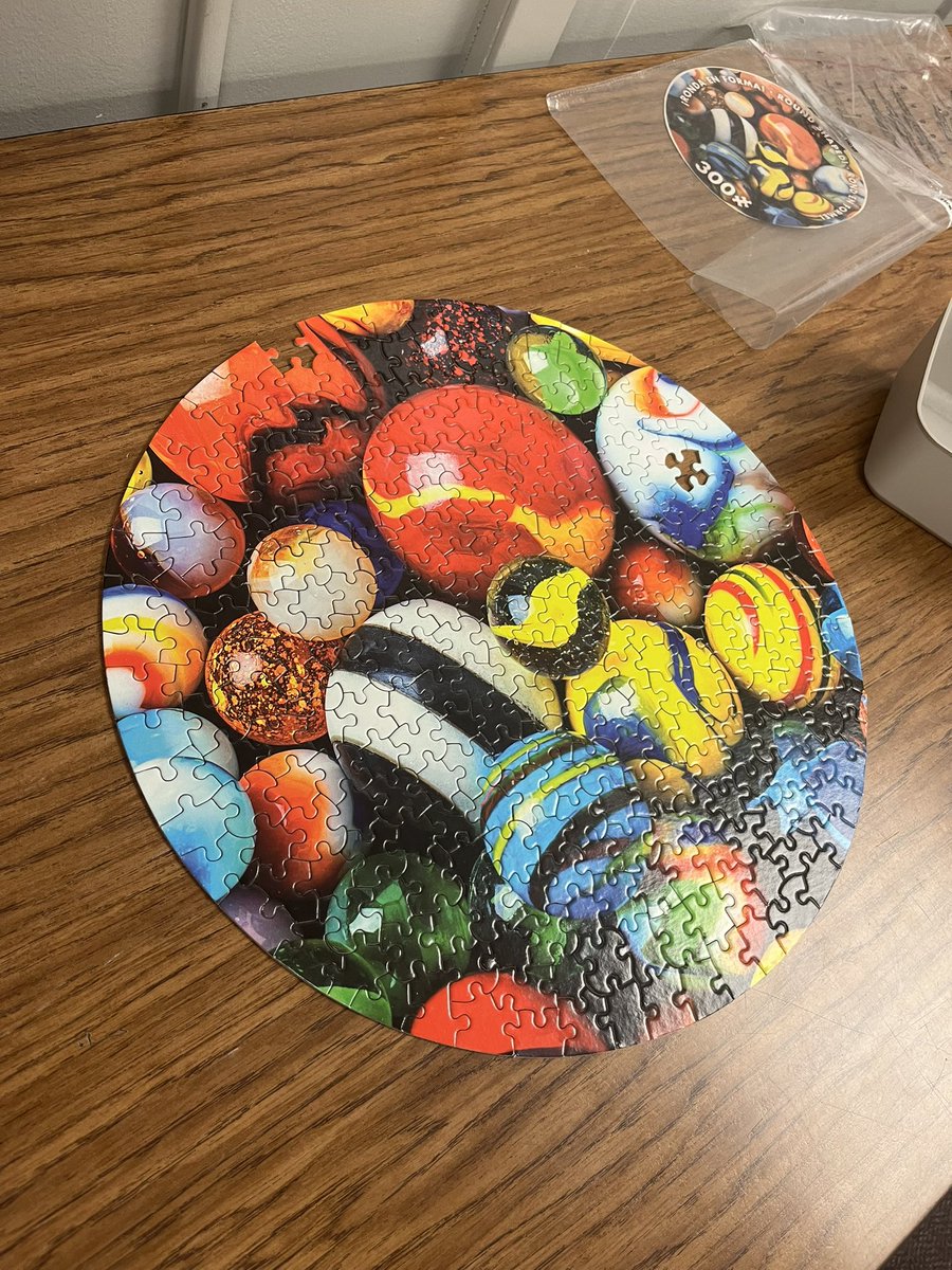 MMMSLibrary's tweet photo. First puzzle of the season complete!  I can’t understand how we are missing 2 pieces of a brand new puzzle???🤔🧩🤯 https://t.co/0qvTUjGRBP