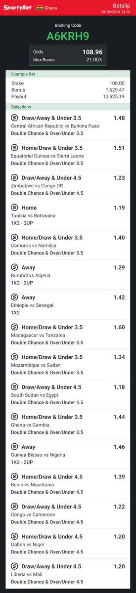 albert_baf48587's tweet photo. Tweet 1:
108.96 ODDS - 15 LEGS AFCON SPECIAL 🎯
CODE: A6KRH9
100 → 12,525 GHS
Strategy: DC & Under 4.5

Follow who know road 🛣️

Tweet 2:
Logic: In African qualifiers, 78% of games end Under 4.5
Top teams don't need to over-score, they just need qualification. Draw/Away + Under = VALUE.

Data from last 3 AFCON qualis.

Tweet 3:
All picks on my Telegram early. 
#BettingTwitter #Telegram
