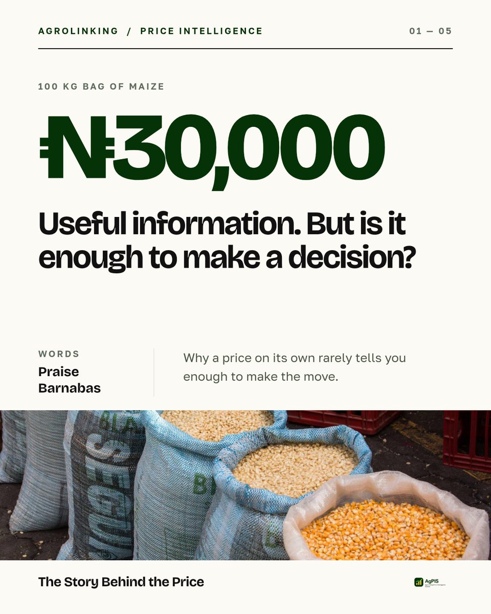 AgroLinking's tweet photo. A 100kg bag of maize sells for ₦30,000.

Is that enough to make a decision? Probably not.

Where is it selling? What will it cost to get there? Why is the price higher in one market than another? And will the price still be there when you arrive?

In her new article, Praise Barnabas explains why agricultural price data is about more than a number.

A price is a snapshot. Intelligence gives you the context.

📖 Read the full article: https://t.co/hnBLK561jO

📊 Sign up free on AgPIS: https://t.co/XwilPEE8aX

Know the market. Before you make the move.

#AgPIS #Agrolinking #PriceIntelligence #MarketIntelligence #Agriculture