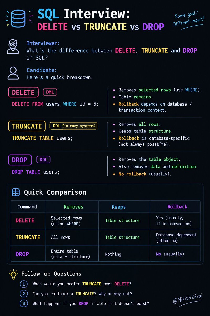 Nikita26rai's tweet photo. DELETE vs TRUNCATE vs DROP 👀
They all remove data  but they’re NOT the same.
Save this SQL interview cheat sheet. 🧠
Which one would you explain differently in an interview? 👇
#SQL #DataEngineering #SQLInterview #MySQL https://t.co/E6jeSmpY3p