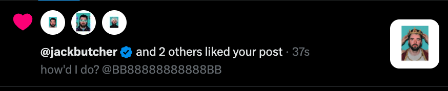 bclever0x's tweet photo. @BB88888888888BB the king approves @jackbutcher https://t.co/QfoOCfzp96