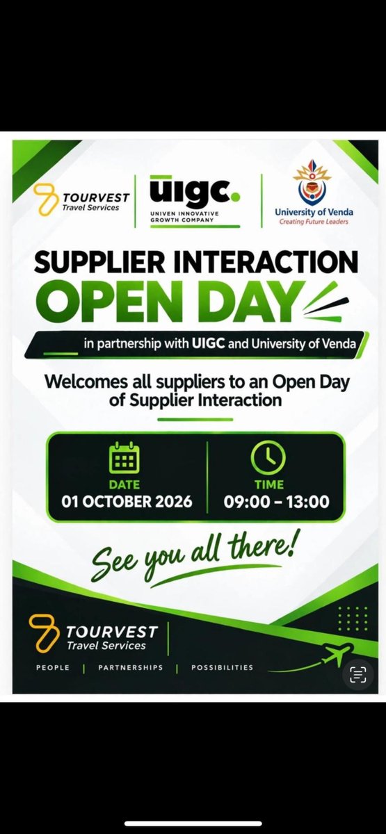 _UIGC_'s tweet photo. UIGC is joining the University of Venda (UNIVEN) and Tourvest Travel Services in co-hosting the annual Supplier Interaction Open Day on Thursday.

Let’s connect and build stronger partnerships.
#SupplierOpenDay #UIGC #TourvestTravel #Univen https://t.co/kp2r6la8Mh