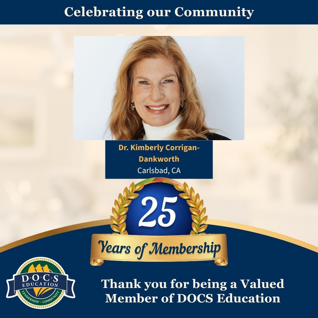 DOCSEducation's tweet photo. Wow! We appreciate your 25 years of DOCS Membership, Dr. Kimberly Corrigan-Dankworth. Thank you for your commitment and contributions to sedation dentistry. #DOCSanniversary #DOCSmembership https://t.co/np0YOjTo06