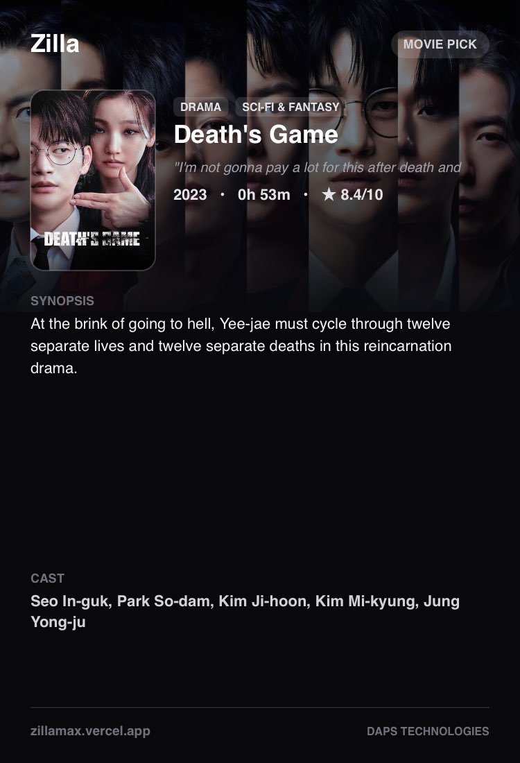 Oladapothefirst's tweet photo. Wanted a way to share movie picks that didn’t look like a lazy Notes app screenshot or an IMDb link nobody opens. One tap in Zilla spits this out. Everything someone needs to decide if they're watching. https://t.co/jMIWhSrQQt