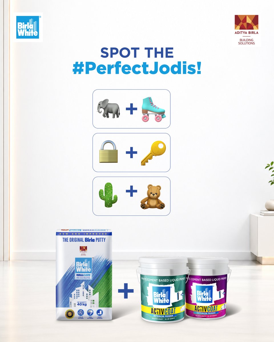 BirlaWhite's tweet photo. Some jodis just belong together. 🩵 Some definitely don’t! 👀 Can you spot the 2 perfect jodis?
 
Comment your answer below and win an exciting reward! ✨ 

*T&amp;C Apply
 
#BirlaWhite #SpotTheJodiContest #Putty #Primer #PerfectJodi #BirlaWhiteKaWhiteCementAdvantage https://t.co/SIgAygsNBN