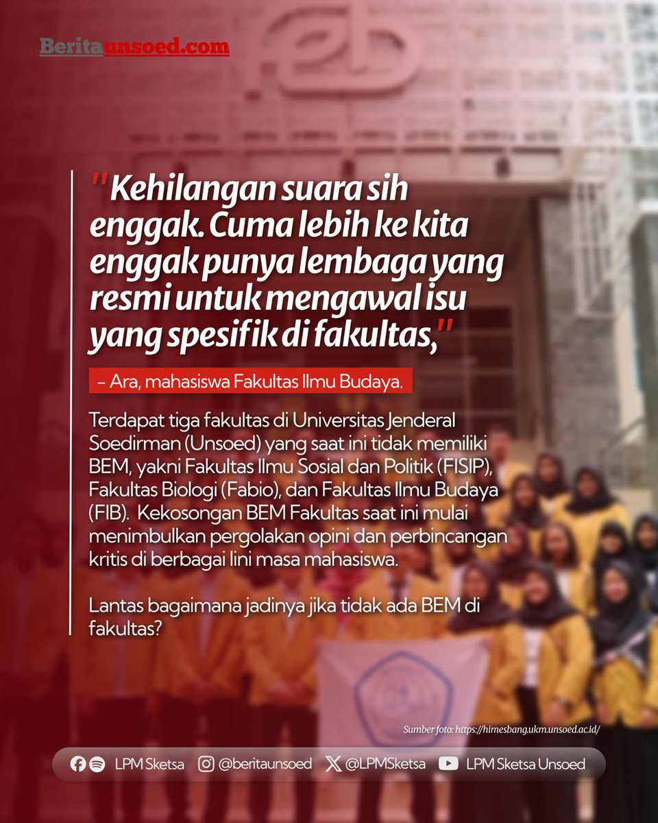 LPMSketsa's tweet photo. BEM Fakultas berperan sebagai jembatan komunikasi antara mahasiswa di tingkat fakultas dengan jajaran dekanat, serta mengoordinasikan kegiatan Himpunan Mahasiswa Jurusan. Di Balik Eksistensi BEM Fakultas: Masihkah Perannya Dibutuhkan?

Baca selengkapnya di https://t.co/mHSwXVXB5J https://t.co/Og5YgrhKN2