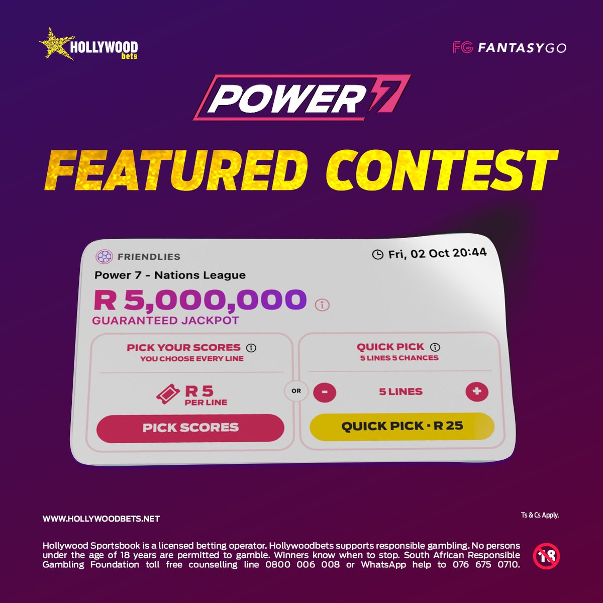 Hollywoodbets's tweet photo. Fuel your football fantasy with FantasyGo!β½οΈπ₯
Bet R5+ on the Power 7 - Nations League contest and make seven correct score predictions for a chance to win the R5 million jackpot!
Available now!
Ts & Cs apply.
#Hollywoodbets #FantasyGo #HWBTWT https://t.co/XRNPvn2X6G