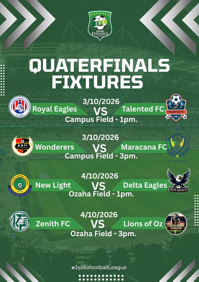 IsokoFootball's tweet photo. #HereWeGo 
Quarter Finals Fixtures Of The First Edition of the Isoko Football League.

Royal Eagles:Oleh
Talented fc:Irrir till
Mighty Wonderers:Abraka
Maracana fc:Ozoro 
New light fc:Oleh
Delta Eagles:Ozoro 
Zenith fc::: Oleh 
Lions fc::: Ozoro

#IFL2026 
#IsokoFootballLeague https://t.co/BslAohHBoJ