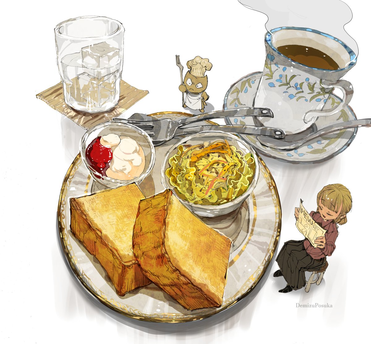 DemizuPosuka's tweet photo. 「朝はパン」（去年の絵よ���一枚） https://t.co/w8dt13zMeu