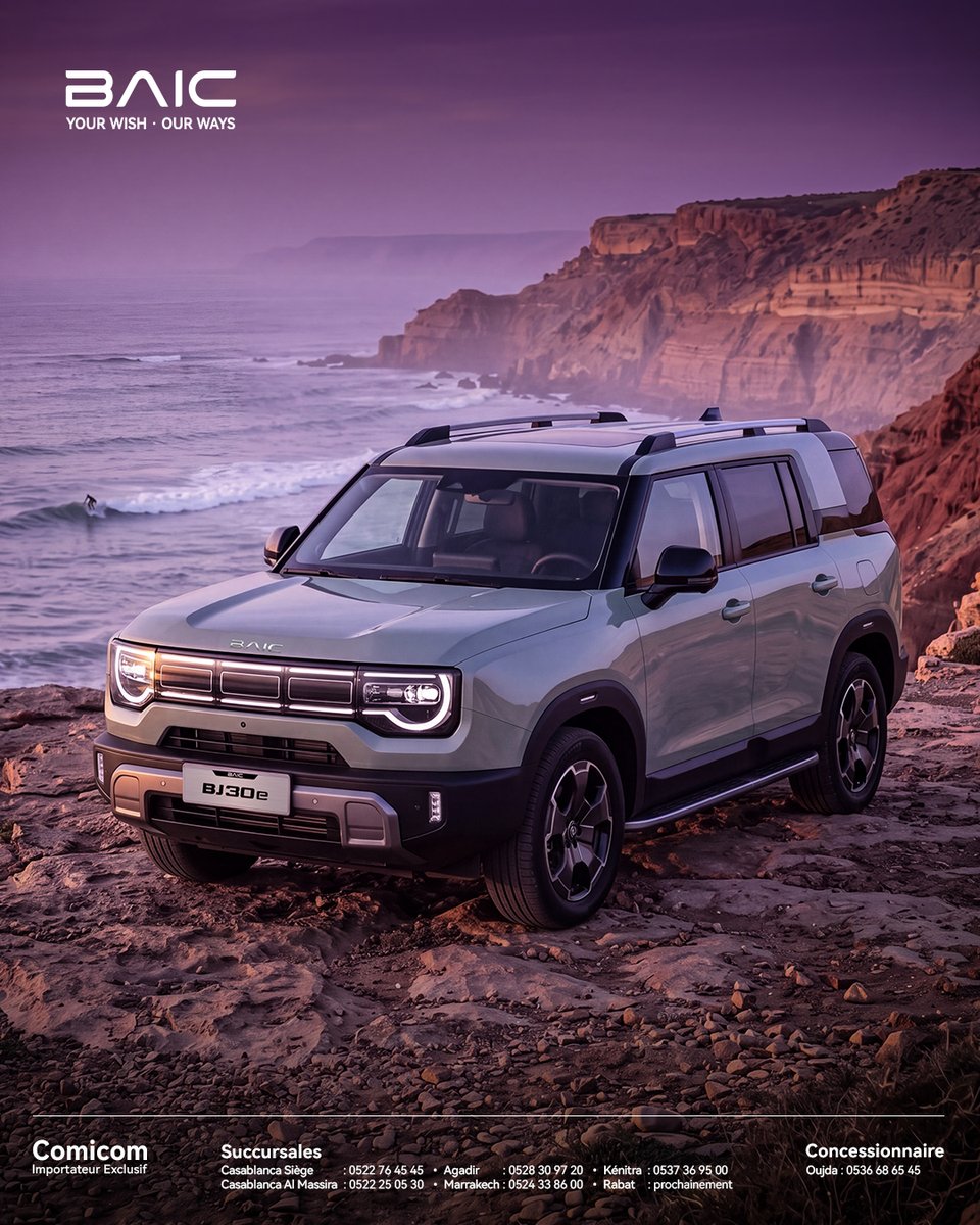 BaicMaroc's tweet photo. BAIC BJ30e Hybride : l’aventure, sans jamais renoncer au raffinement.
Découvrez le sur : https://t.co/cR4we241mD
Ou contactez nous sur le numéro suivant : ☎ 05.22.76.45.45

#BAIC #BJ30e #PremiumSUV #OffroadPower #BeBAIC #YourWishOurWays https://t.co/3rbysHFoz5