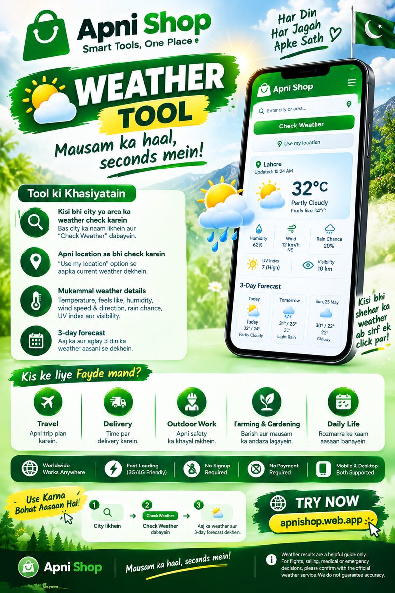 MuBaShArArZo's tweet photo. 🌦️ Mausam ka haal ab sirf kuch seconds mein!
📍 City likhein → Check Weather dabayein → temperature, rain chance, humidity, wind aur 3-day forecast foran dekhein. ✈️ Travel, 🚚 delivery,  Mobile &amp; Desktop.
🌐 https://t.co/Q0RzCaRAig
Apni Shop — Smart Tools, One Place https://t.co/OtHRWnsT7V