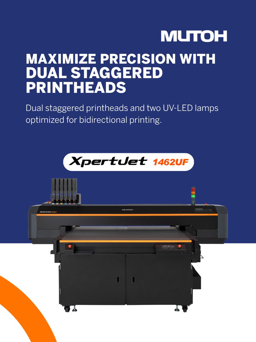 MutohAmerica's tweet photo. The XpertJet 1462UF uses two staggered printheads, one for CMYK and one for white and varnish, along with two UV-LED lamps positioned on both sides of the printheads. 
↔️ The UV-LED lamps are optimized for bidirectional printing, helping cure ink as the printhead moves in both directions for efficient production.
 
Request a free demo and learn more 👉 https://t.co/63ZDxawo0N
 
#uvprinter #uvflatbed #largeformat #digitalprinting #printindustry